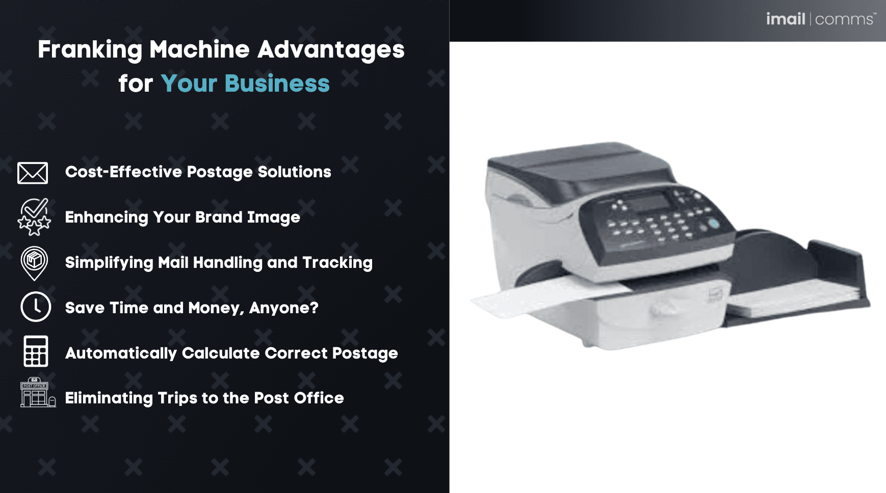 A franking machine with a list of its advantages